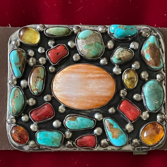 Spectacular Sterling Silver Concho Belt full of Turquoise, Coral, Amber and more - Picture 7 of 12